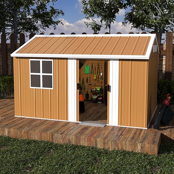 Outdoor Tool Shed 8x12 FT Heavy-Duty Metal Storage Shed with Lockable Door, Windows & Ventilation - Weather-Resistant Roof Garden Shed for Backyard, Patio, Lawn (Brown)