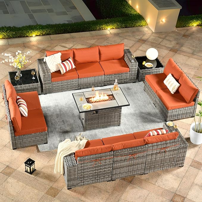 ovios 13 Pieces Patio Furniture Set, Outdoor Wicker Sectional Sofa with 42 Inch Fire Pit Table Comfy Cushions, Modern Modular Deep Seat Rattan Couch Conversation Set, Orange Red