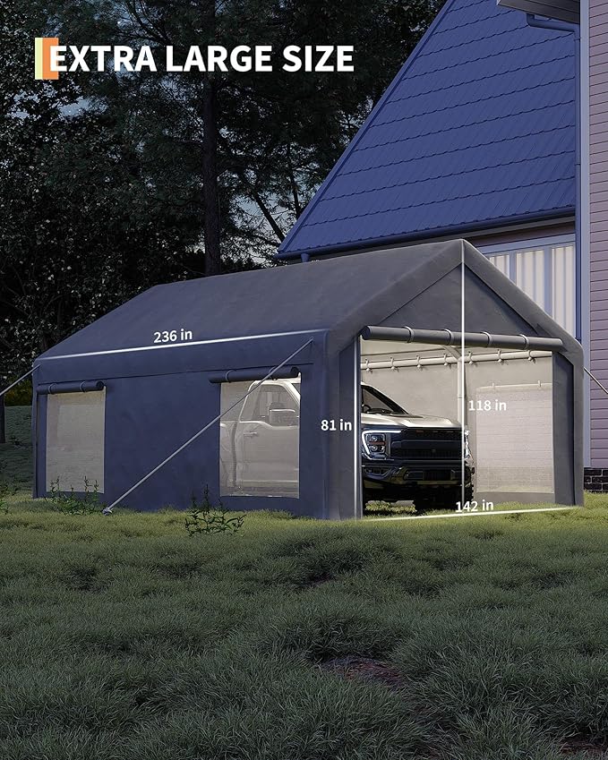 Heavy Duty Carport Canopy 12x20 FT Outdoor Storage Shed – Portable Metal Garage Tent Shelter with Removable Sidewalls & Doors, Car Boat Truck Cover for Driveway, RV, Motorcycle,Gray