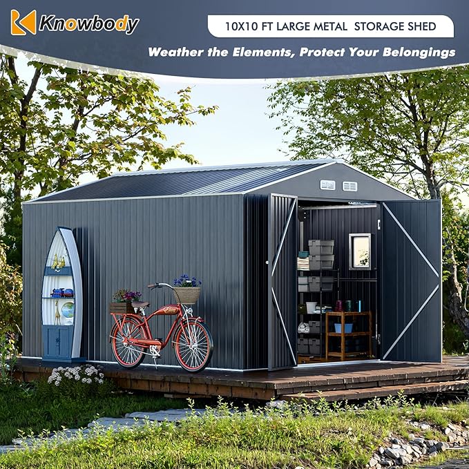 Metal Shed 10x10x7 FT, Enhance Your Space with Natural Lighting, Outdoor Storage Steel Sheds with Windows, Translucent Roofs, and Lockable Doors, Ideal for Garden & Patio