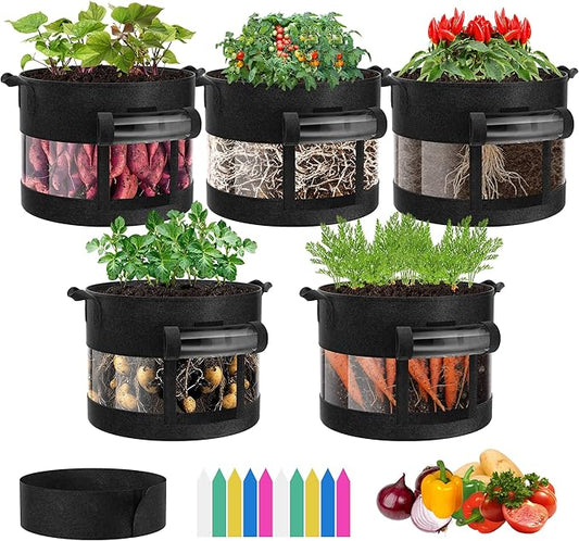 VIVOSUN 5-Pack 10 Gallon Potato Grow Bags, Thick Fabric Pots with 360 Visibility & Harvest Window, Black