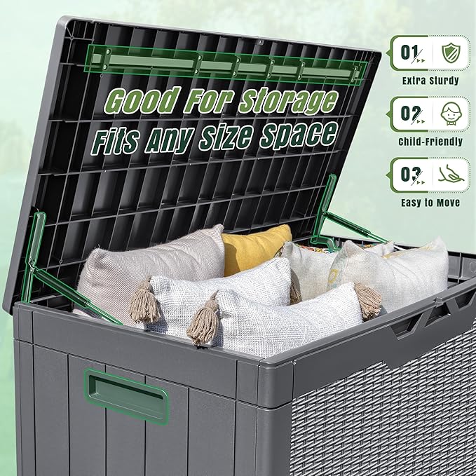 Greesum 100 Gallon Resin Deck Box Large Outdoor Storage with Cushions for Patio Furniture, Garden Tools, Pool Supplies, Weatherproof and UV Resistant, Lockable, Gray