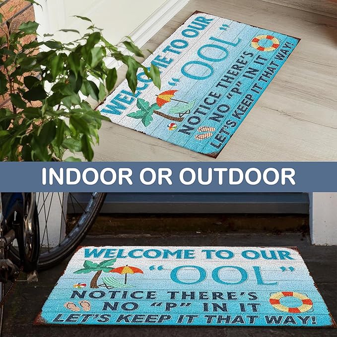 Summer Swimming Pool Door Mat, Funny Poolside Welcome Floor Mats Non-Slip for Front Door Porch Indoor Outside Entrance Entryway, Summer Coastal Doormat, 17x30 Inch