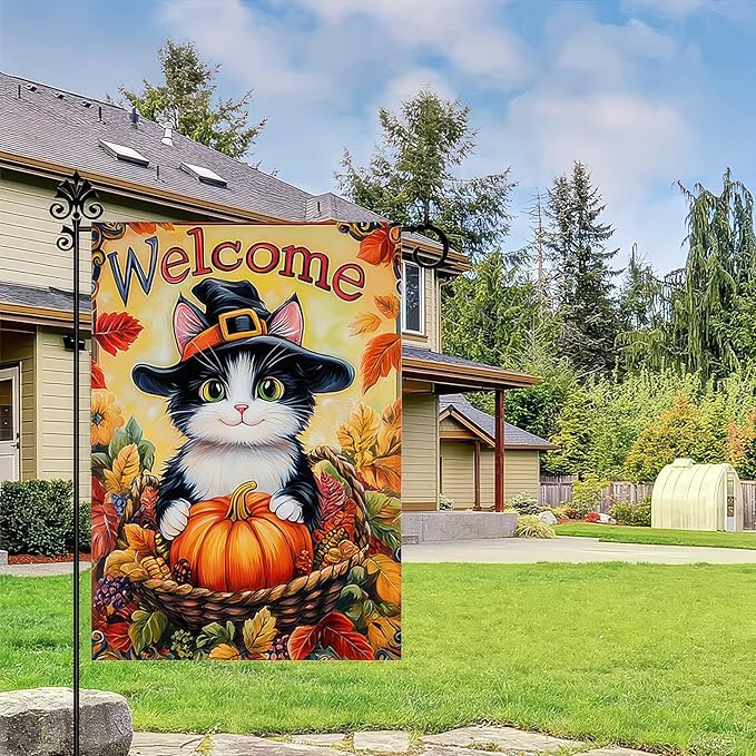 Thanksgiving Fall Garden Flag 12x18 Inch Welcome Cat with Pumpkin Outdoor Flag Double Sided Autumn Kitten Yard Banner with Witch Hat Basket Harvest Decor for Porch Lawn