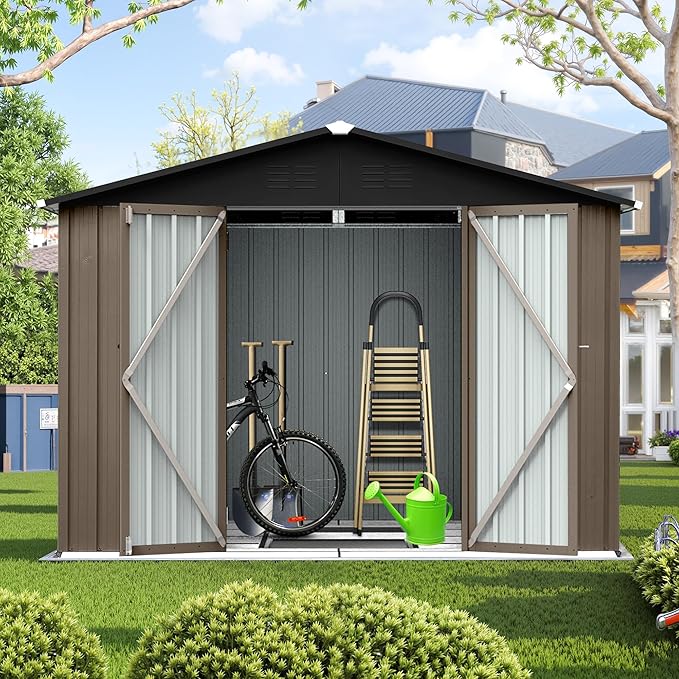 8x6 FT Outdoor Storage Shed, Metal Tool Shed with Lockable Doors, Peaked Roof & Frame Floor, Garden Shed with Vented Design for Backyard Garden Patio Lawn, Brown + Black