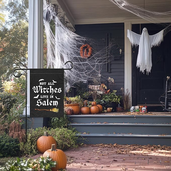 Not All Witches Live In Salem Broom Halloween Garden Flag for Outside, 12x18 Inch Double Sided Halloween Yard Flag, Farmhouse Small Yard Flags for Outdoor Decorations, Holiday Decor Gifts-A13