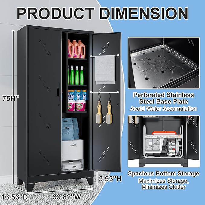 75" Outdoor Storage Cabinet – Heavy-Duty Lockable Metal Shed with Ventilated Doors, Perforated Stainless-Steel Bottom, Hanging Rod & Hooks, Easy Assembly