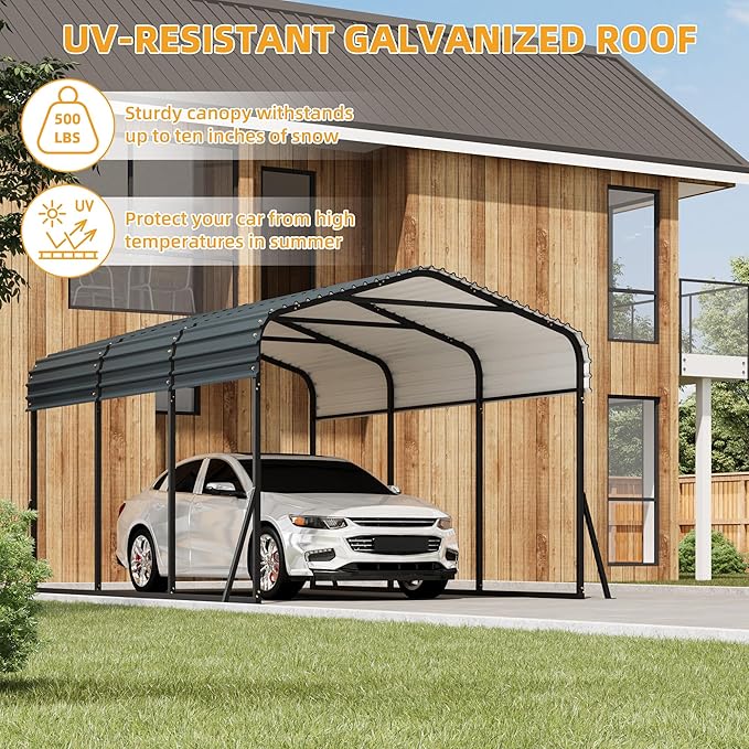 10' X 15' X 8.5' Heavy Duty Metal Carport with Galvanized Roof, Weatherproof Car Garage Shelter, All-Weather Permanent Cover for Cars/Trucks/Boats/Tractors