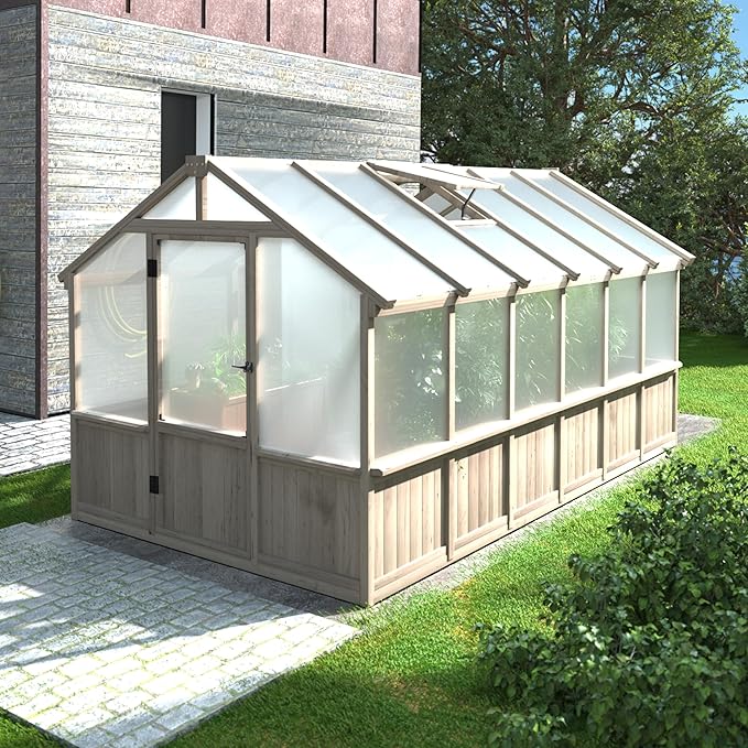 VEIKOU 8’x12’ Greenhouses for Outdoors, Walk-in Wood Greenhouse with Cedar Frame & Adjustable Vent, Garden Green House with 6MM Thick Polycarbonate Panel for Outside, Backyard, Light Brown Mocha