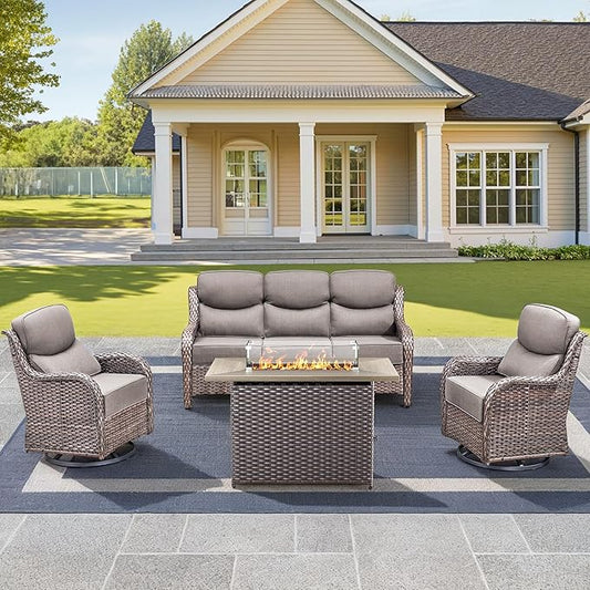 Luxury High Back Outdoor Furniture 6-Inch Thick Cushions with 50,000 BTU Gas Propane Fire Pit Tablet, Patio Furniture Set with Swivel Chairs, for Porch, Balcony, Deck and Yard