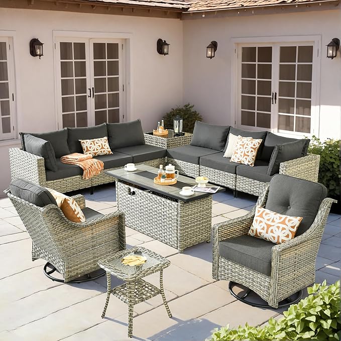 HOOOWOOO Outdoor Patio Furniture Set with Fire Pit Table,11 Pieces Wicker Out Door Sectional Furniture L Shaped Couch,Outside Patio Conversation Swivel Chair Sets,Black