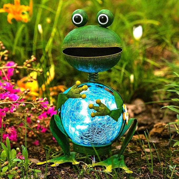 Topadorn Frog Garden Statue with Solar Lights, Outdoor Garden Metal Weatherproof Solar Frog Light Decor for Yard, Patio, Lawn, or Porch, 12" H, Gardening Ornaments Gifts