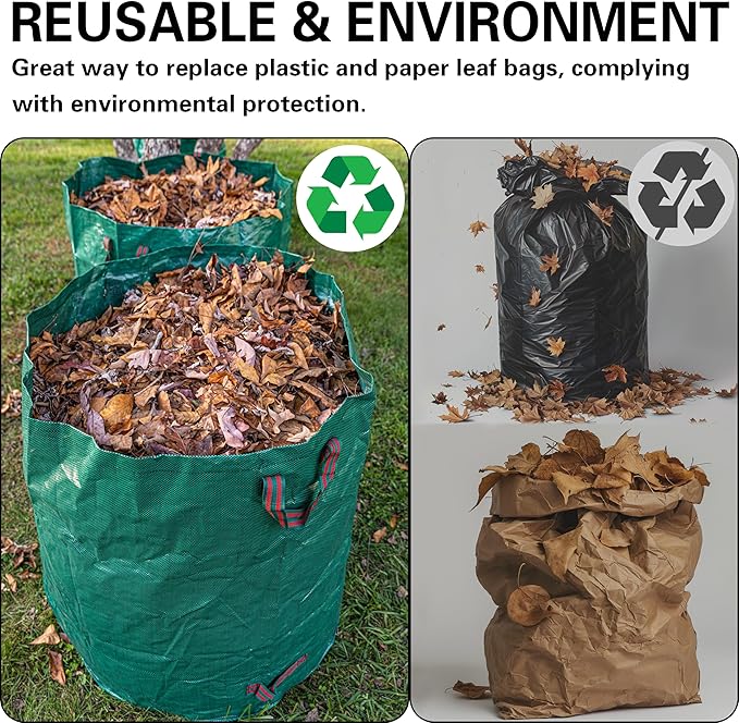 Gardzen 3-Pack 80 Gallon Yard Waste Bags, Reusable Heavy Duty Collapsible Garden Leaf Bags with Plastic Ring, Stand-Up Yard Waste Bin for Leaves, Lawn Debris & Grass Clippings