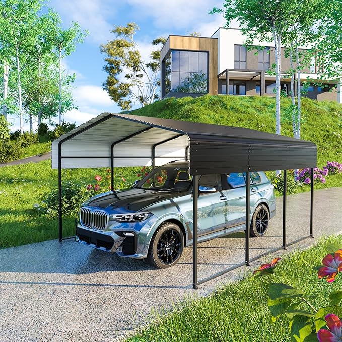 Metal Carport 10 * 15 FT Heavy Duty Carport Canopy with Galvanized Steel Roof Multi-Use Shelter Outdoor Portable Garage for Car, Boat, Pickup and Tractor
