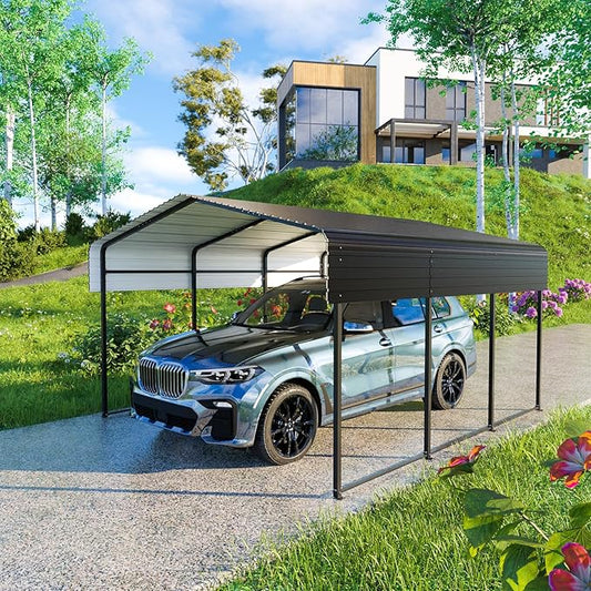 Metal Carport 10 * 15 FT Heavy Duty Carport Canopy with Galvanized Steel Roof Multi-Use Shelter Outdoor Portable Garage for Car, Boat, Pickup and Tractor