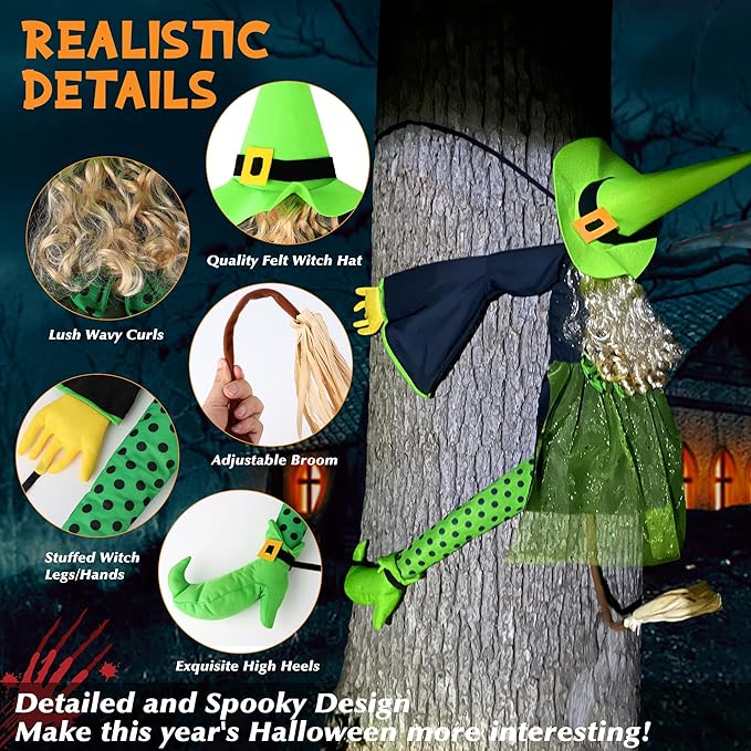 53" Halloween Crashing Witch Decoration – Green Flying Witch Tree Prop for Yard, Porch, Patio, Lawn – Funny Outdoor Halloween Decor for Garden, Fence, and Door