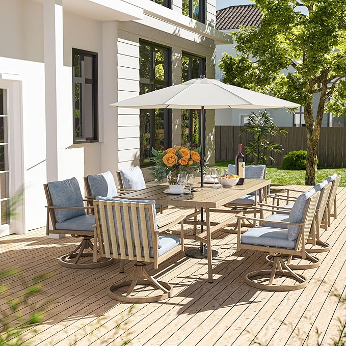 HAPPATIO 9-Piece Patio Dining Set for 8, Aluminum Outdoor Dining Set with Cushions, 8 Swivel Dining Chairs, 1 Large Rectangular Table with Umbrella Hole for Lawn, Porch, Backyard, Brown