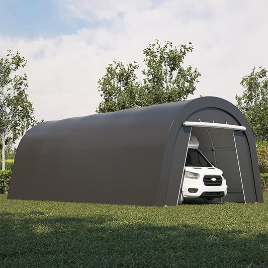 Carport, 12'x25' Outdoor Round Portable Garage with 2 Roll up Doors, Heavy Duty Storage Shelter Car Canopy Party Tent, Dark Gray