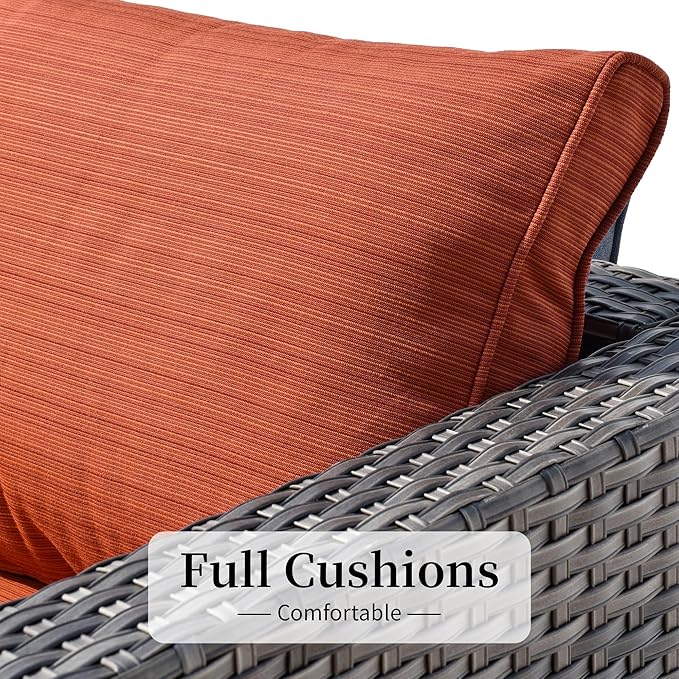 HOOOWOOO 8 Piece Patio Sectional Furniture Set with Fire Pit Table,Modern Wicker Outdoor Conversation Sofa Sets,Weather Resistant Modular L Shaped Outside Couch Set(Orange Red)