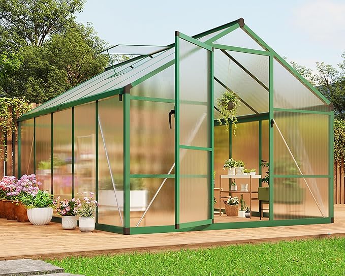 8 x 10 FT Greenhouse, Greenhouses for Outside, Polycarbonate Greenhouse with Aluminum Frame, Lockable Door and Ajustable Roof Vent for Backyard, Green Houses for Outside Garden Backyard, Patio