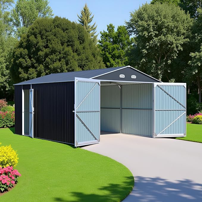 Metal Garage Shed 20x13 FT, Sheds & Outdoor Storage Clearance, Outdoor Storage Shed for Car, Truck, Bike, Lawnmower, Backyard Tool House, Boasting 2 Doors and 4 Vents, Dark Gray
