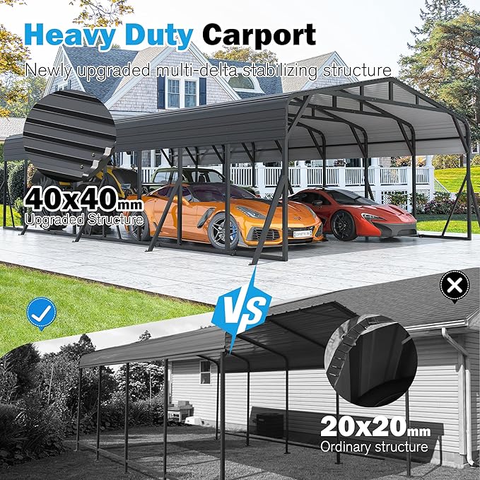 Carport Canopy 20’X40’ Heavy Duty Car Port Galvanized Steel Roof, Reinforced Stable Triangle Frame for Snowy Windy Metal Carports Enhanced Base Car Tent for Car,RV,Pickup,Boat,Truck,Tractor