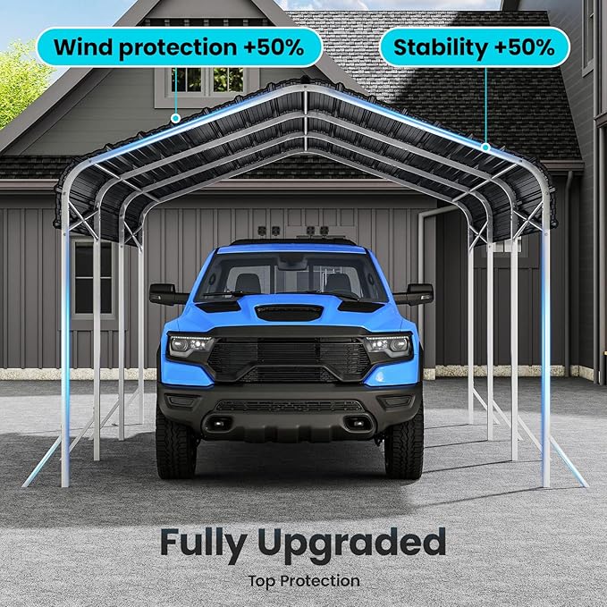 10x15 Ft Carport, Heavy Duty Metal Car Port, All-Weather Protection, Easy Assembly for Cars, Trucks, Boats, Tractors, and Outdoor Storage