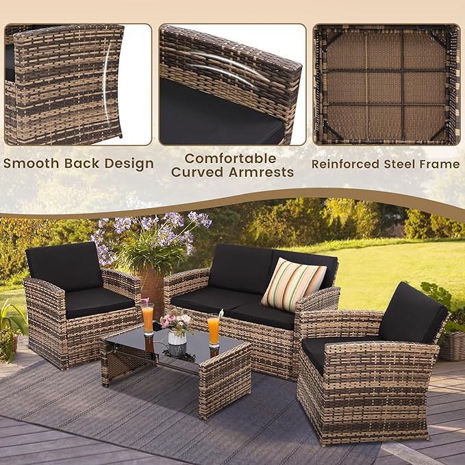 4 Pieces Patio Conversation Set, Outside Rattan Sectional Sofa, Cushioned Furniture Set, Wicker Sofa Ideal for Garden, Porch, Backyard, Natural Color Rattan and Black Cushion