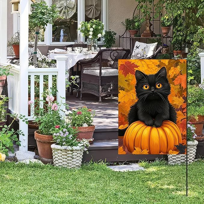 Thanksgiving Fall Garden Flag 12x18 Inch Welcome Black Cat Pumpkin Outdoor Flag Double Sided Autumn Yard Banner Maple Leaves for Porch Lawn Patio Halloween Thanksgiving Decor