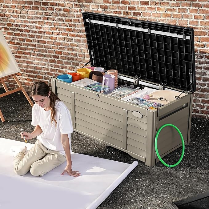DWVO Large Deck Box 120 Gallon Waterproof Outdoor Storage Box, Extra Large Outdoor Bin, Resin Louvered Patio Storage for Pillows, Garden Tools & Pool Supplies, Lockable, Black&Brown