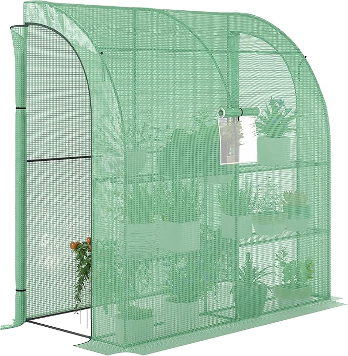 Outsunny 7' x 3' x 7' Lean to Greenhouse, Walk-in Green House, Plant Nursery with 2 Roll-up Doors and Windows, PE Cover and 3 Wire Shelves, Green