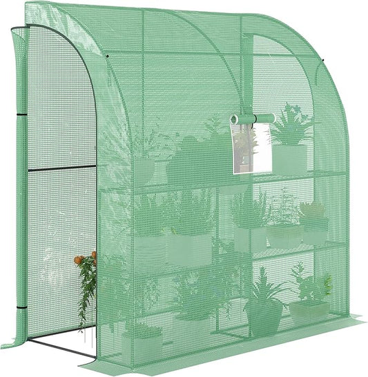 Outsunny 7' x 3' x 7' Lean to Greenhouse, Walk-in Green House, Plant Nursery with 2 Roll-up Doors and Windows, PE Cover and 3 Wire Shelves, Green