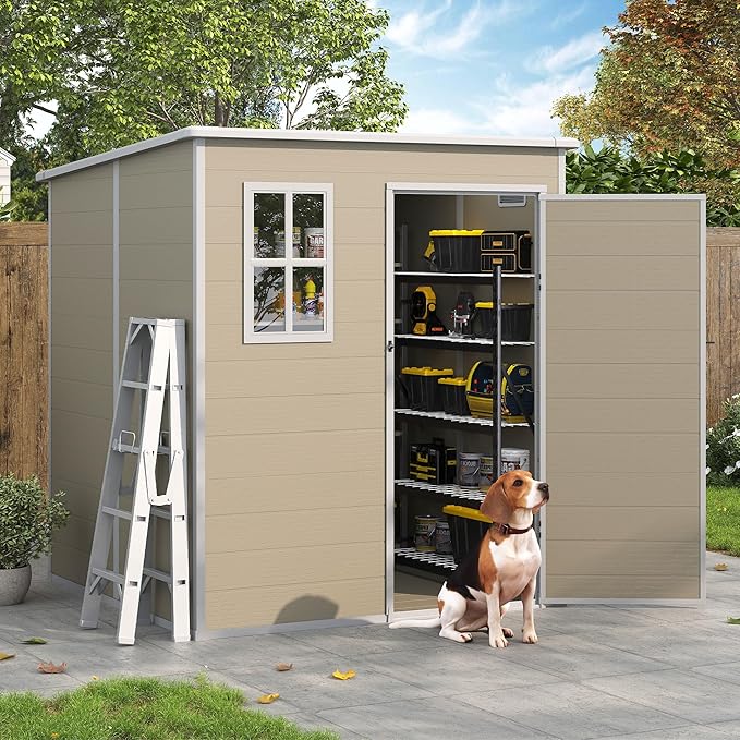 Outdoor Storage Shed, 6x6 FT Resin Shed with Floor and Lockable Door, Window, Vents, Tool Sheds and Outdoor Storage for Bike, Garden Accessories, Tools, Waterproof Light Brown