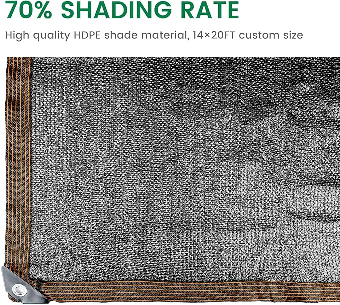 70% 14 X 20 FT Black Shade Cloth, Outdoor Sunblock Shade Cloth with Grommets, Durable Sun Shade Netting Shading Antifreezing for Patio, Garden, Plants Cover, Greenhouse, Barns, Dog Kennel