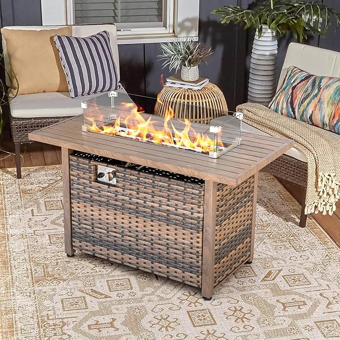 Nuu Garden 43 Inch Propane Fire Pit Table CSA Listed 50000 BTU Gas Fire Pit with Lid Glass Wind Guard Fire Glass Beads 2 in 1 Rectangular Outdoor Fire Table for Backyard Patio Brown