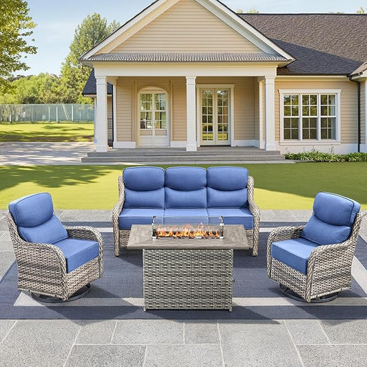 Luxury High Back Outdoor Furniture 6-Inch Thick Cushions with 50,000 BTU Gas Propane Fire Pit Tablet, Patio Furniture Set with Swivel Chairs, for Porch, Balcony, Deck and Yard
