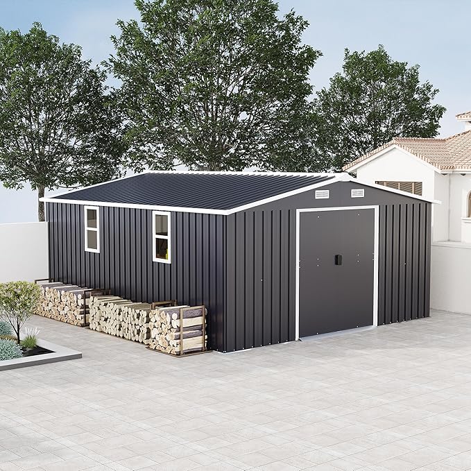 10x12 FT Outdoor Storage Shed, Large Metal Garden Shed with 2 Windows, Outside Tool Sheds with Lockable Sliding Doors, Waterproof Storage Building with 4 Air Vents for Backyard, Patio, Lawn, Dark Gray