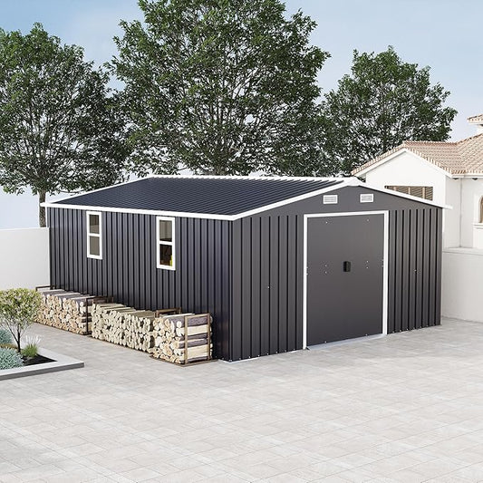10x12 FT Outdoor Storage Shed, Large Metal Garden Shed with 2 Windows, Outside Tool Sheds with Lockable Sliding Doors, Waterproof Storage Building with 4 Air Vents for Backyard, Patio, Lawn, Dark Gray