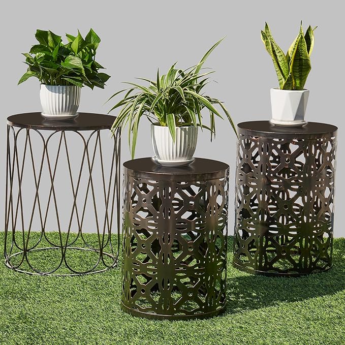 Y&M Set of 3 End Tables, Nesting Metal Round Coffee Table, Heavy Duty Metal Plant Stand Garden Stool, Outdoor Multifunctional Use Black with Bronze (Ship from US)