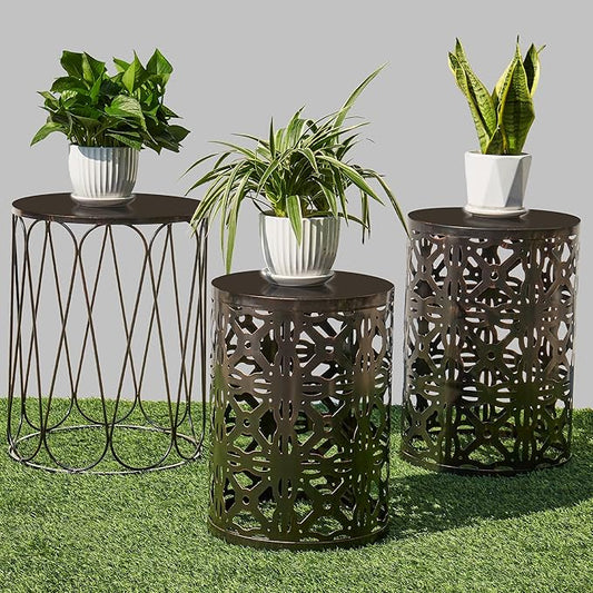 Y&M Set of 3 End Tables, Nesting Metal Round Coffee Table, Heavy Duty Metal Plant Stand Garden Stool, Outdoor Multifunctional Use Black with Bronze (Ship from US)