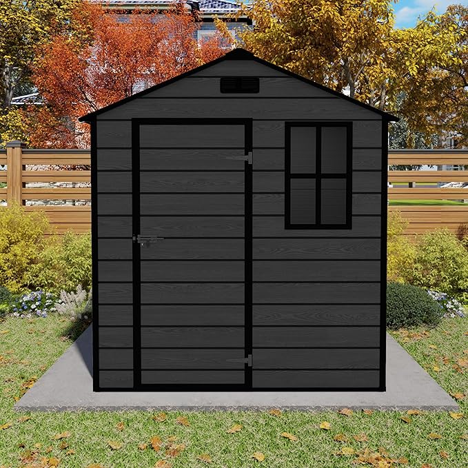 Outdoor Storage Shed 6x6 FT, Resin Shed with Floor, Waterproof Plastic Garden Bike Shed with Lockable Door, Sloped Roof, Vents & Windows, Tool Shed for Patio, Backyard, Lawn (Wood Grain Black, 6X6ft)