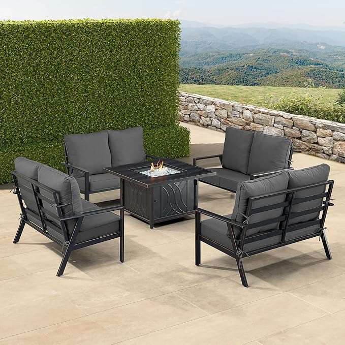 Oakland Living Black Aluminum Patio Fire Table Set with Four Deep Seating Loveseats with Cushions with Black Cushions