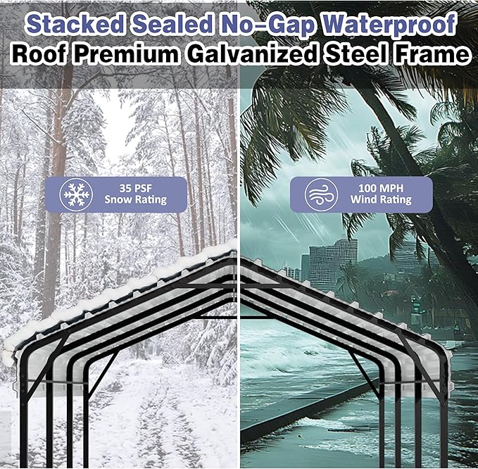 JY QAQA 12 x 15 FT Metal Carport Kits with Galvanized Steel Roof, Heavy Duty Metal Carport Canopy, Outdoor Car Tent Garage Shelter for Car, SUV, Truck and Boats