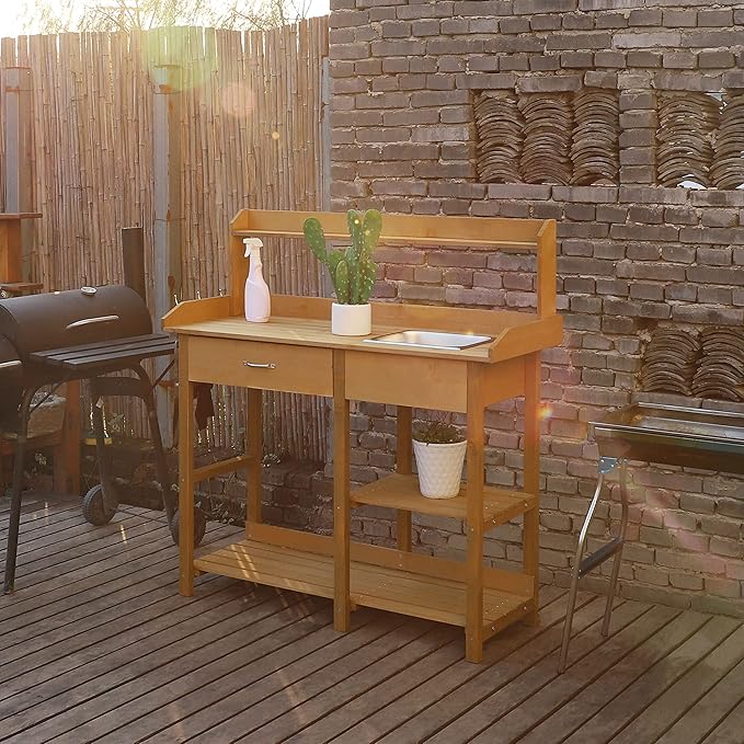 MUPATER Potting Bench Garden Table for Outdoors with Removable Stainless Sink, Planting Work Bench with Storage Shelves and Drawer, Natural Wood