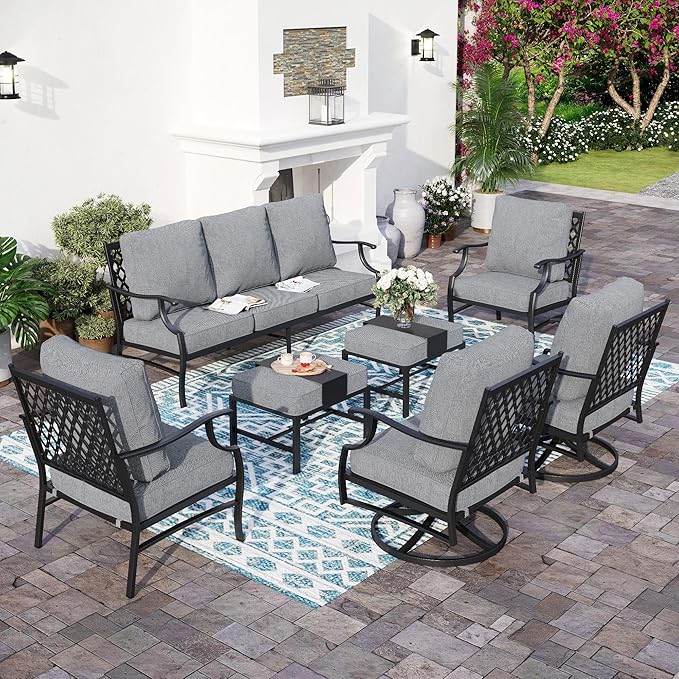 7 Piece Metal Outdoor Patio Furniture Set, Patio Conversation Sets 1 3-seater Sofa, 2 Fixed Chairs, 2 Swivel Chairs, 2 Ottomans with 5.75" Thick Cushion, Black Backyard Furniture, Gray