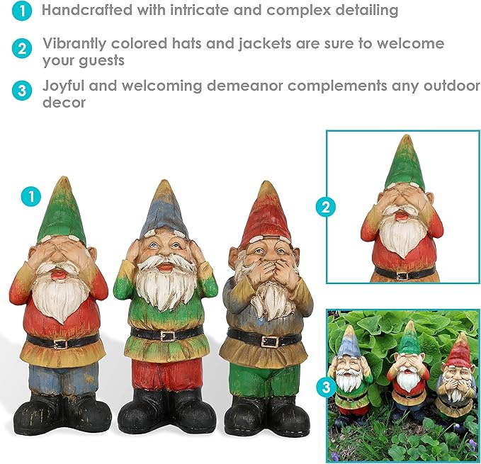 Sunnydaze Three Wise Garden Gnomes - Hear, Speak, and See No Evil Set - Outdoor Lawn Statues