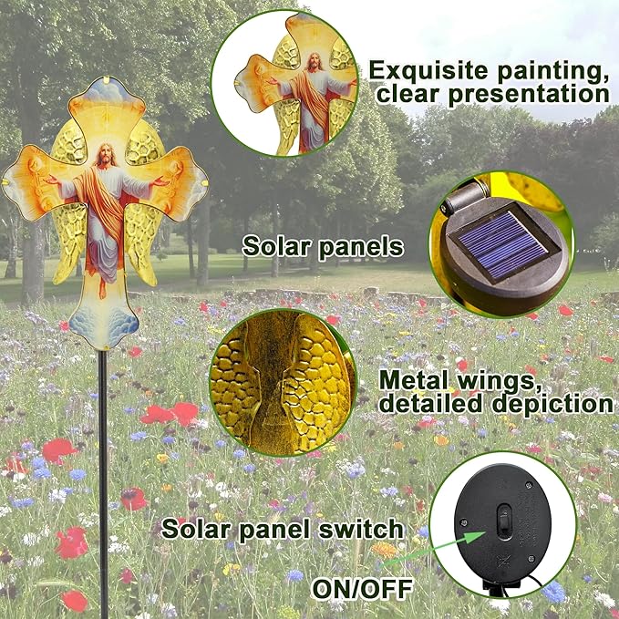Solar Jesus Cross Garden Lights for Graves - Angel Wing Memorial Decor, Waterproof Cemetery Solar Stake Lights for Easter, Patio, Yard - Sympathy Gifts for Loved Ones1.