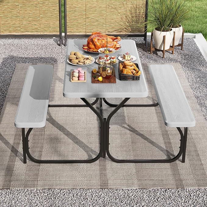 Moccha Picnic Table Bench Set - Portable Plastic Picnic Table w/Steel Frame & Wood-Like Texture, All Weather Heavy Duty Picnic Table Kit, Picnic Tables for Outdoors Garden Patio Party Dining (Grey)