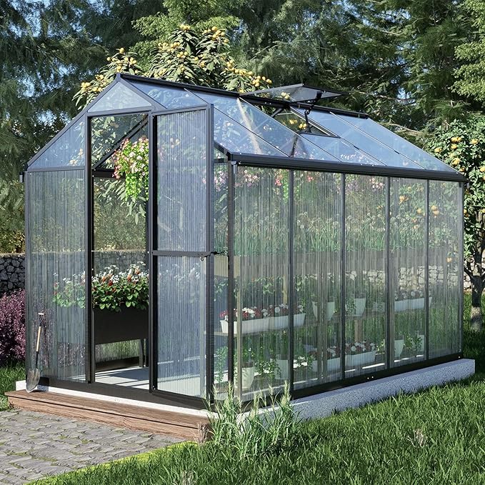 BPS 6' x 10' Walk-in Polycarbonate Greenhouse with Heavy-Duty Aluminum Frame, 2 Vent Windows & Lockable Door for Outdoor, Patio, Backyard, and Garden Use