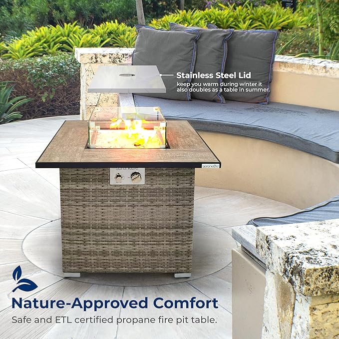SereneLife Outdoor Propane Fire Pit Table - CSA/ETL Certified Safe 50,000 BTU Pulse Ignition Weatherproof Square Wicker Propane Gas Fire Table w/Tile Tabletop Adjustable Flame - Glass Rocks